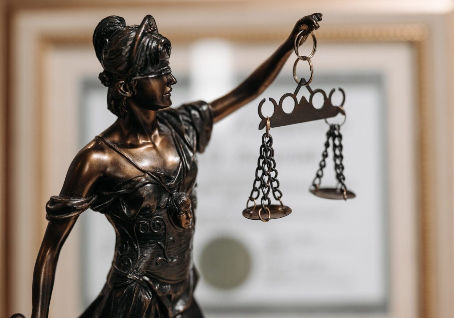 A statue of lady justice holding up the scales.